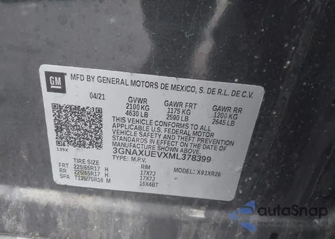 2021 Chevrolet Equinox Awd Lt from USA, damaged, VIN 3GNAXUEVXML378399
